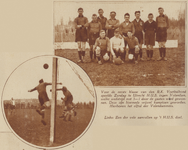 874144 Collage van 2 foto's betreffende de voetbalwedstrijd tussen H.U.S. uit Utrecht en Volendam in de competitie van ...